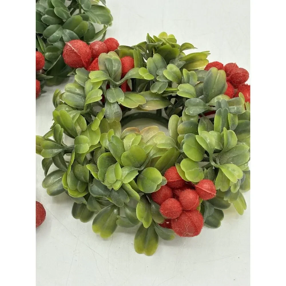 Set of 3 Christmas Candle Rings Boxwood Greenery Red Berry Holiday 4 Inch